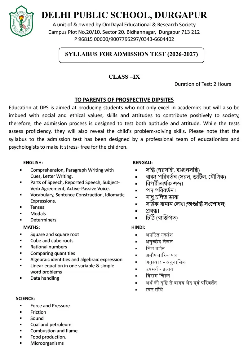 Syllabus for Admission Test, Class IX, 2026-27