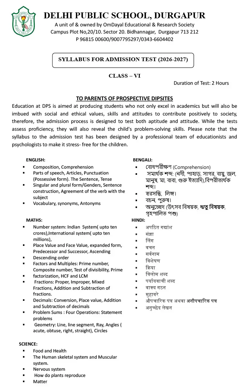 Syllabus for Admission Test, Class VI, 2026-27