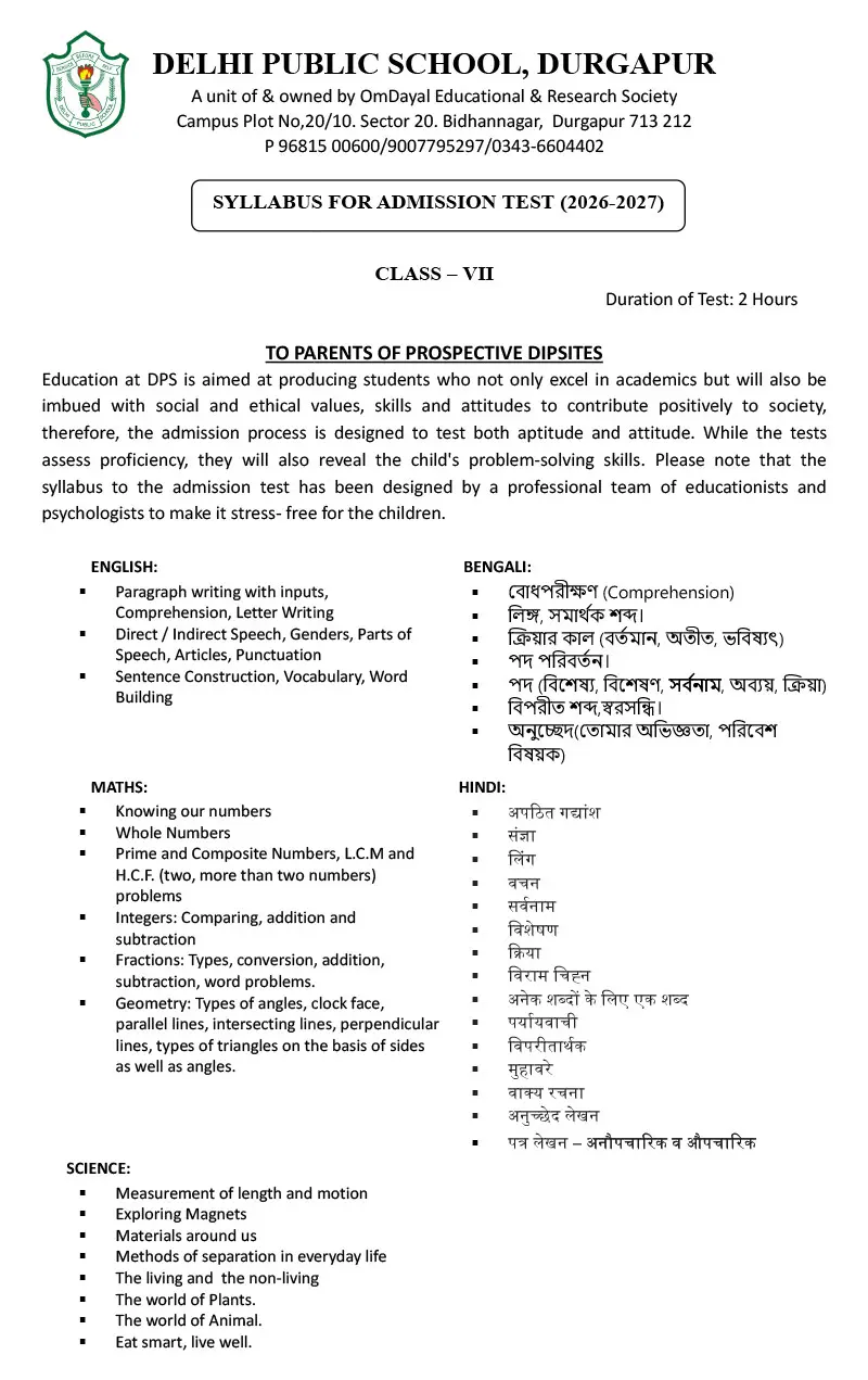 Syllabus for Admission Test, Class VII, 2026-27