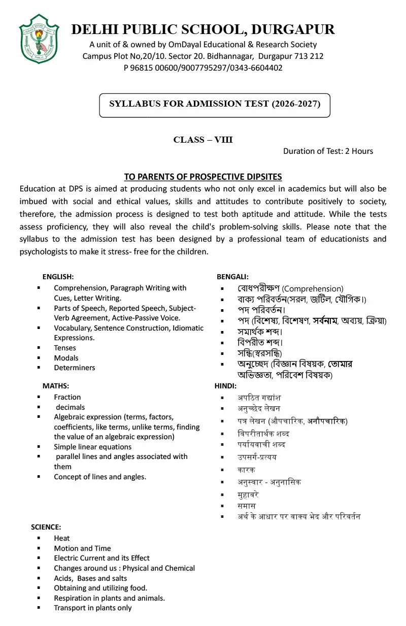 Syllabus for Admission Test, Class VIII, 2026-27