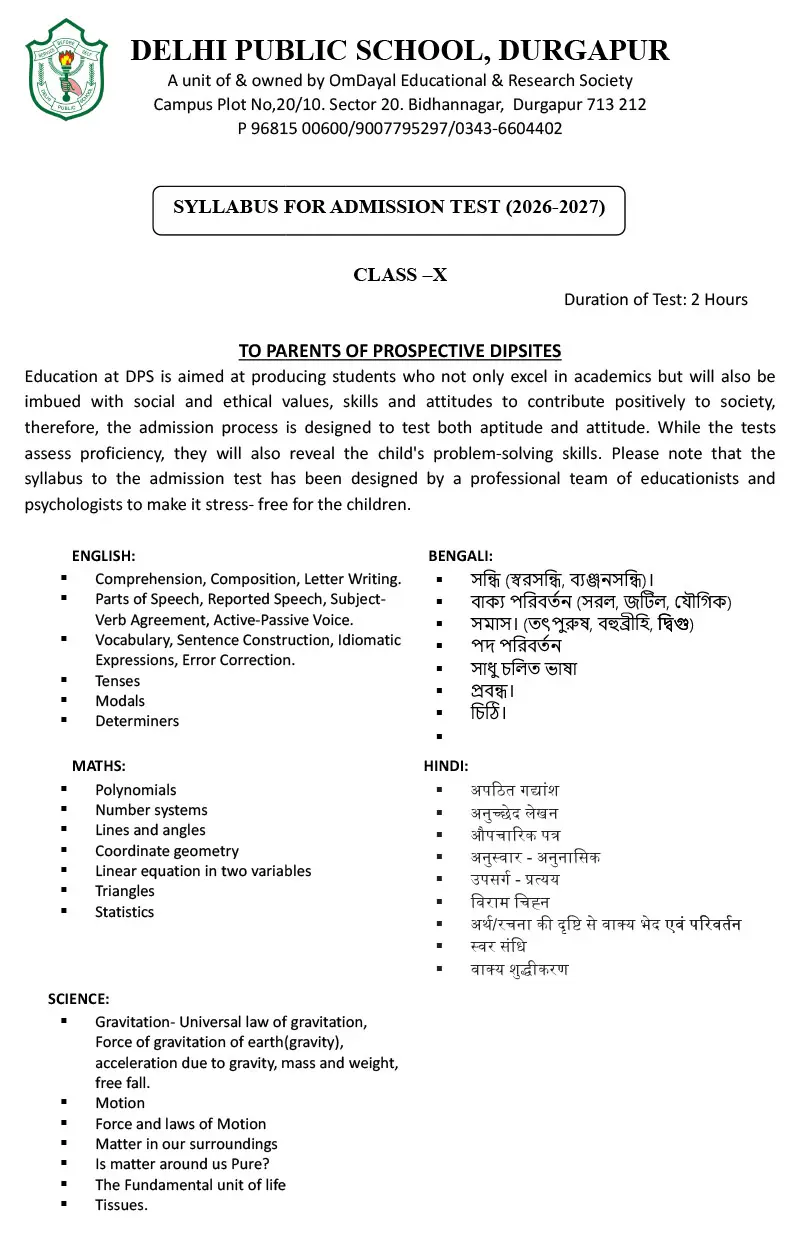 Syllabus for Admission Test, Class X, 2026-27