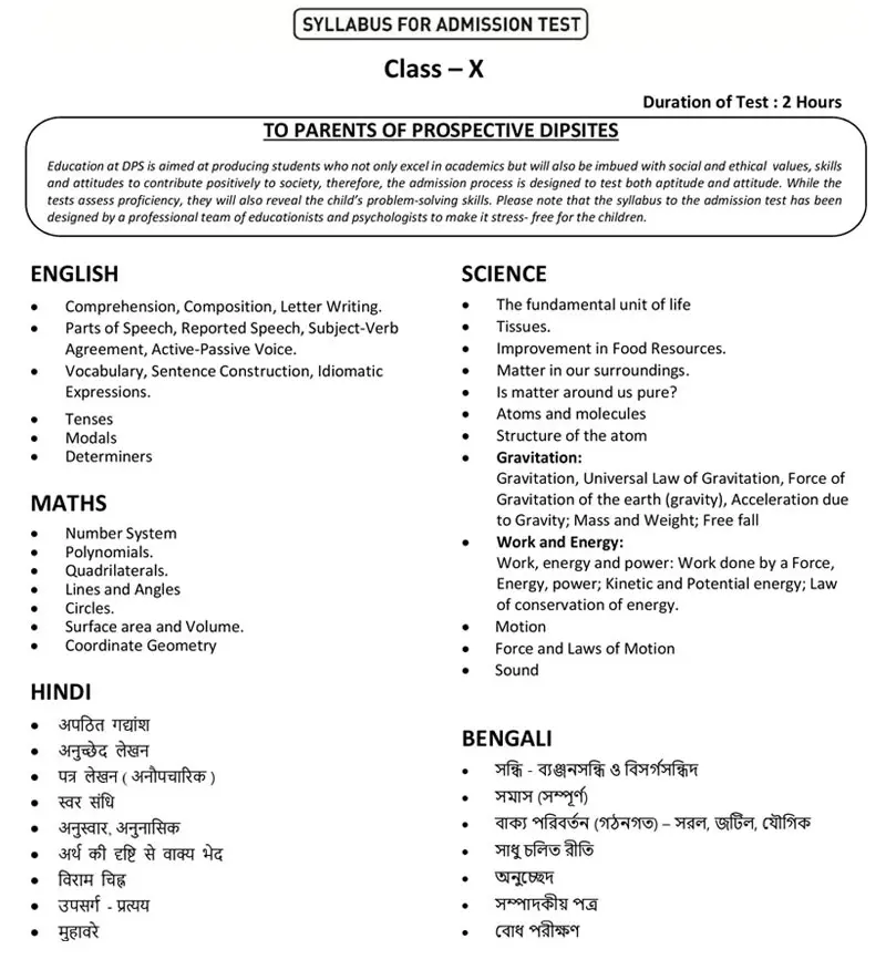 Syllabus for Admission Test, Class X, 2026-27