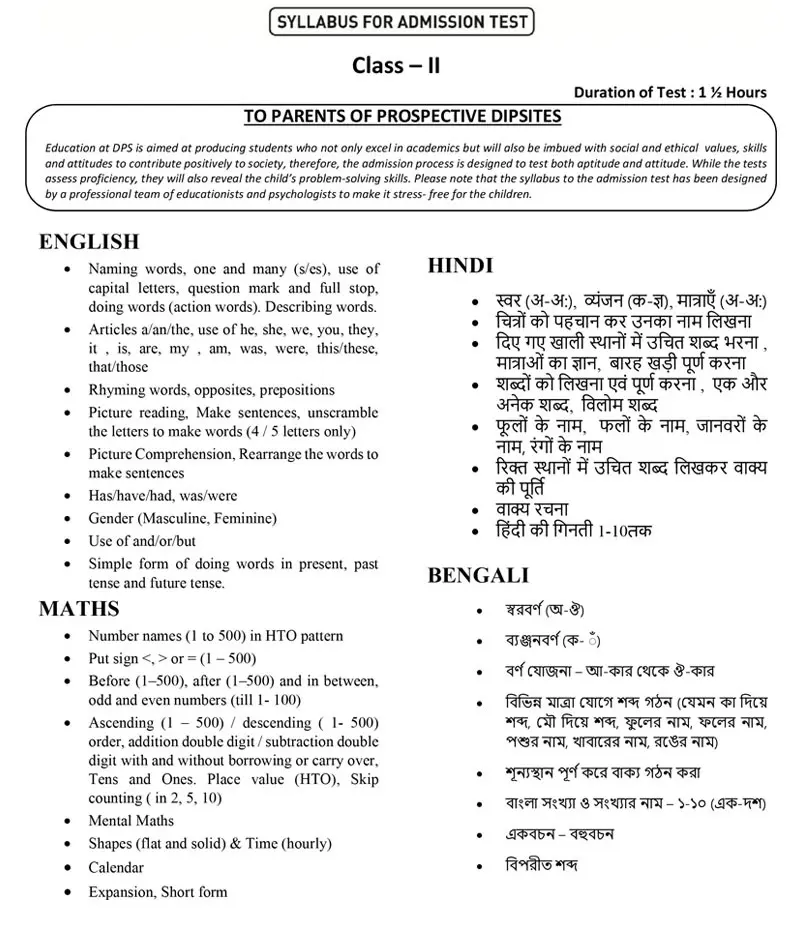 Syllabus for Admission Test, Class II, 2026-27