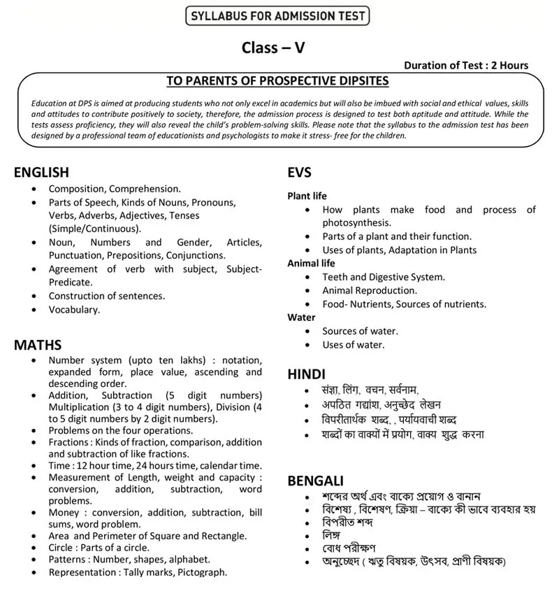 Syllabus for Admission Test, Class V, 2026-27