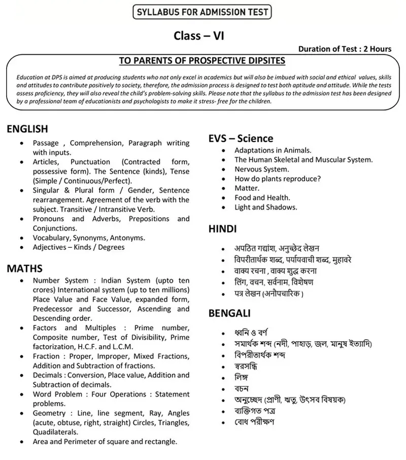 Syllabus for Admission Test, Class VI, 2026-27