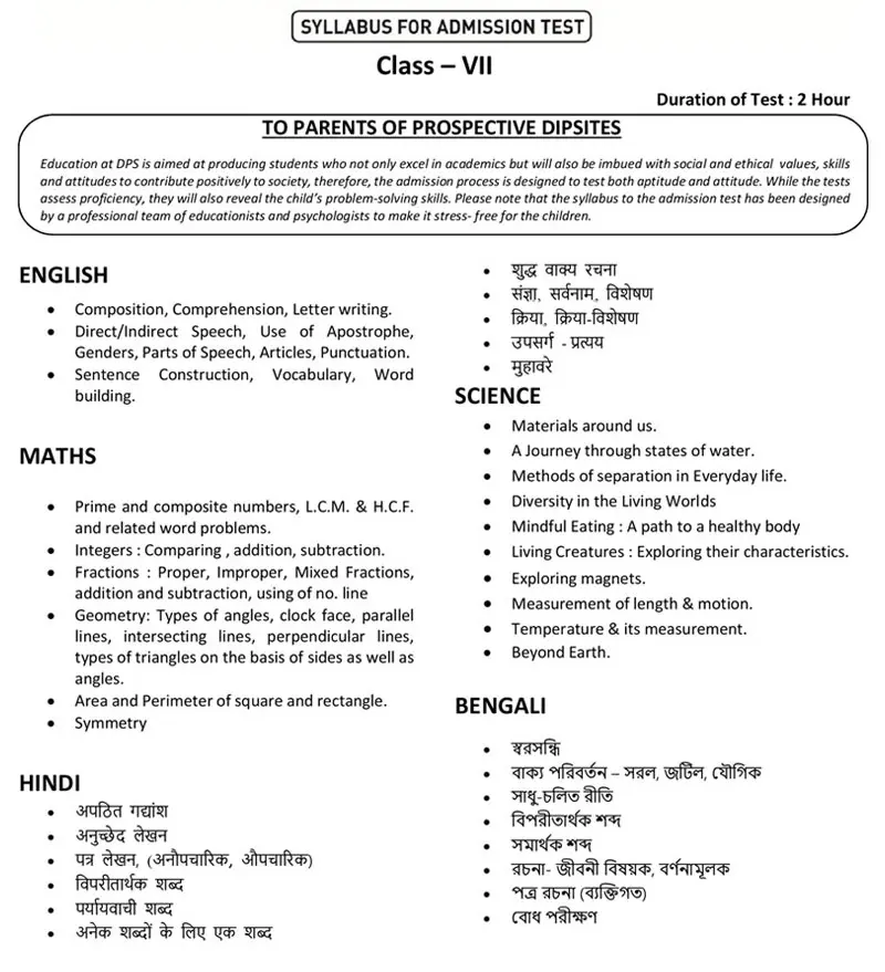 Syllabus for Admission Test, Class VII, 2026-27