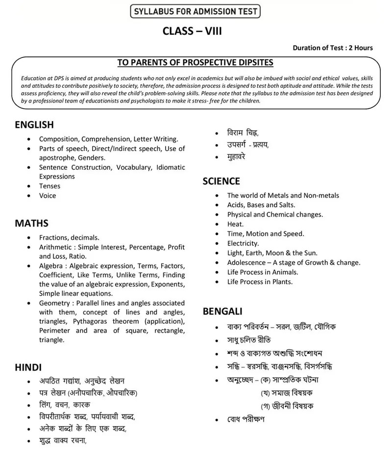 Syllabus for Admission Test, Class VIII, 2026-27