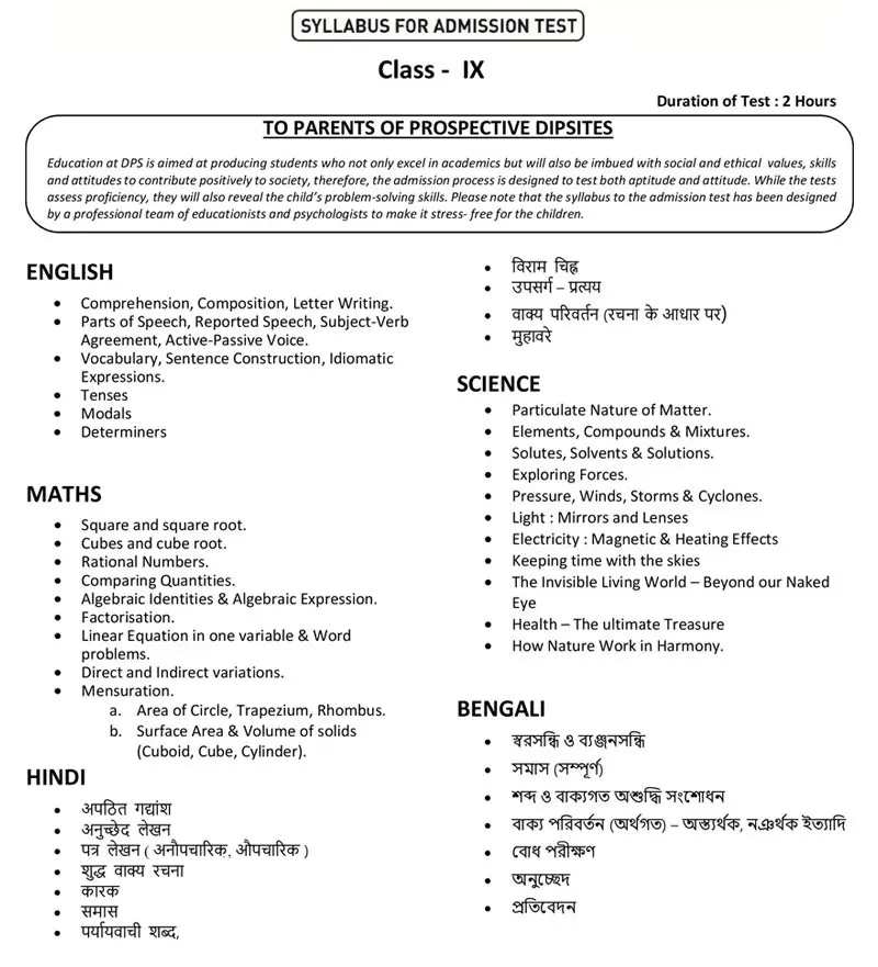 Syllabus for Admission Test, Class IX, 2026-27