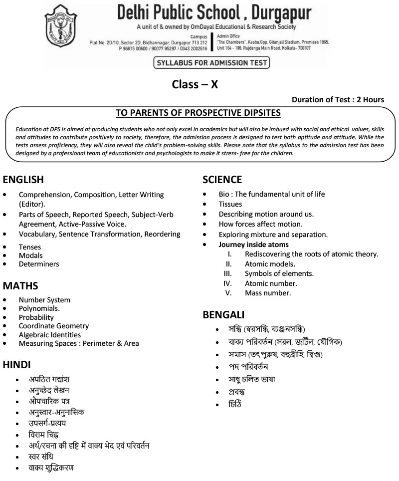 Syllabus for Admission Test, Class X, 2027-28