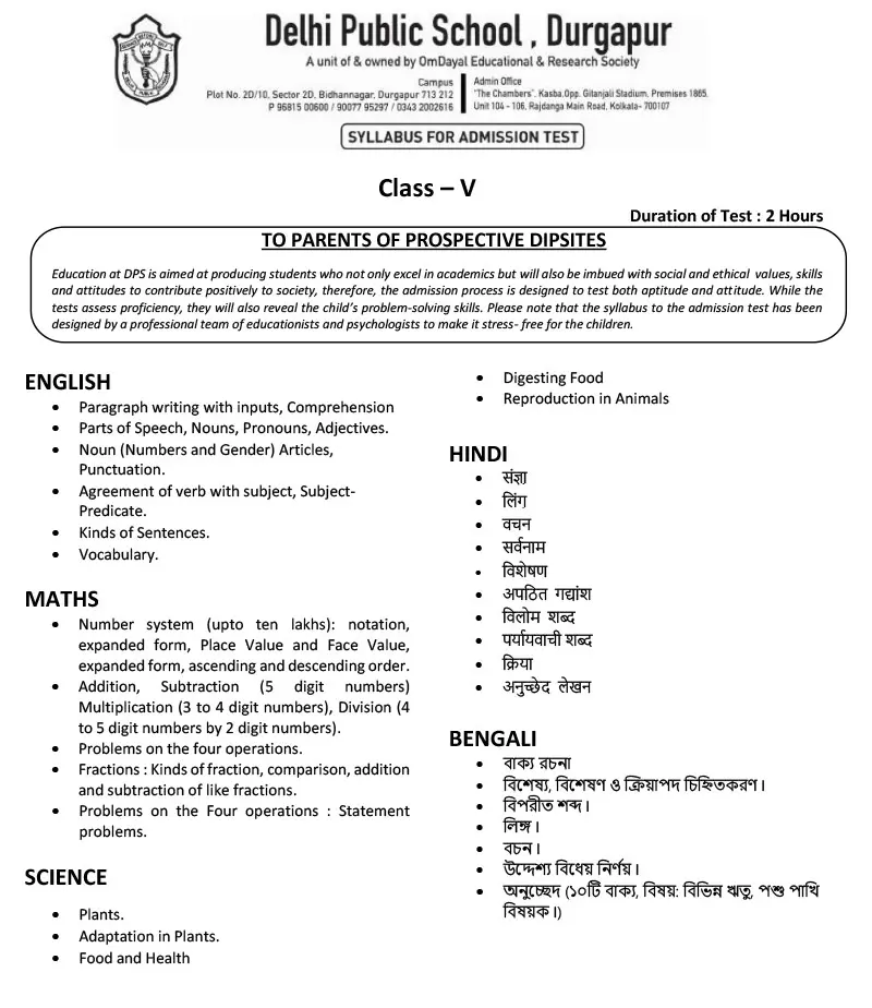 Syllabus for Admission Test, Class V, 2027-28