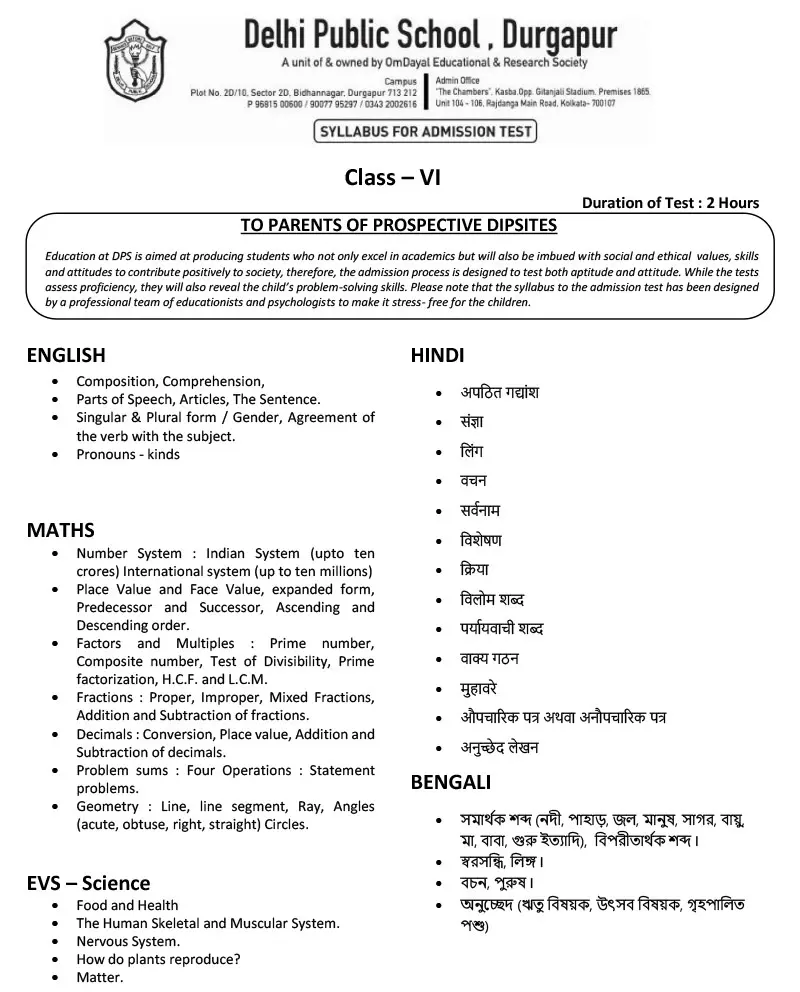 Syllabus for Admission Test, Class VI, 2027-28