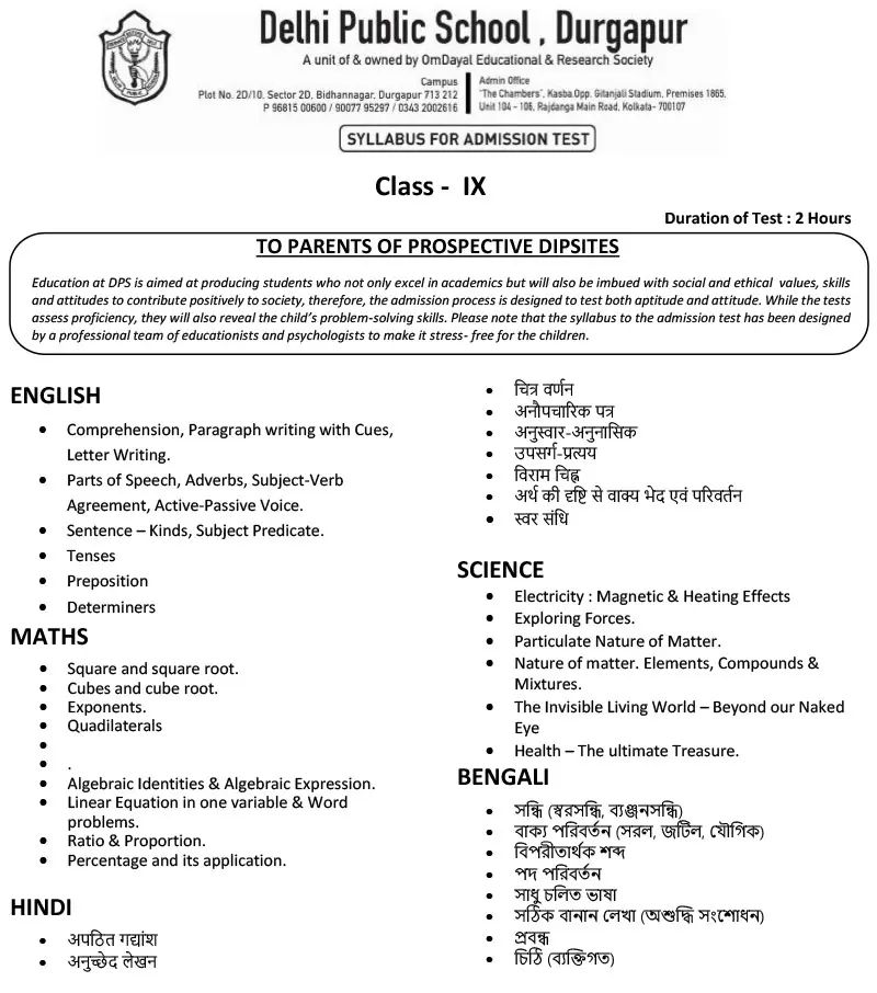 Syllabus for Admission Test, Class IX, 2027-28