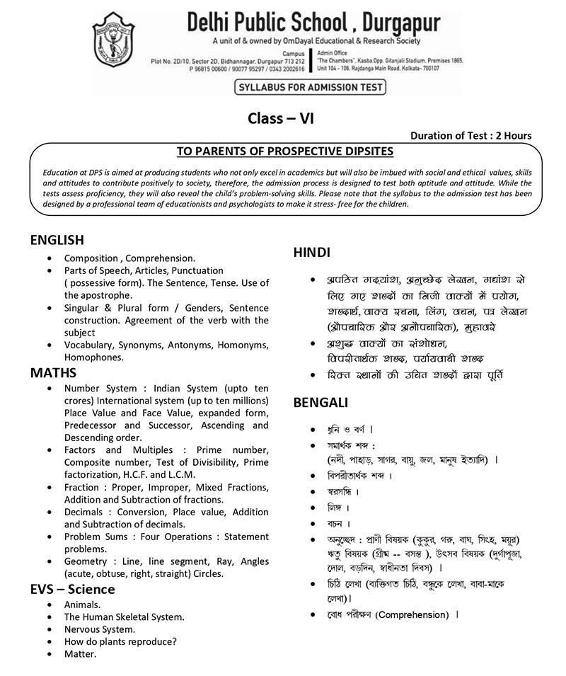 Syllabus for Admission Test, Class VI, 2025-26