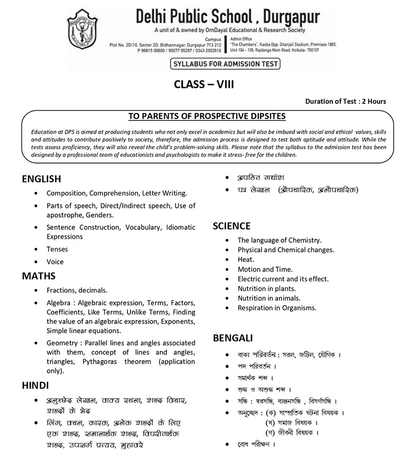 Syllabus for Admission Test, Class VIII, 2025-26