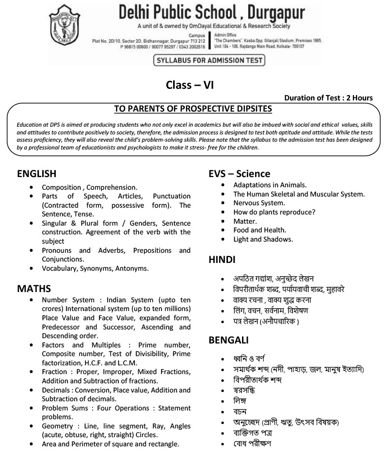 Syllabus for Admission Test, Class VI, 2025-26