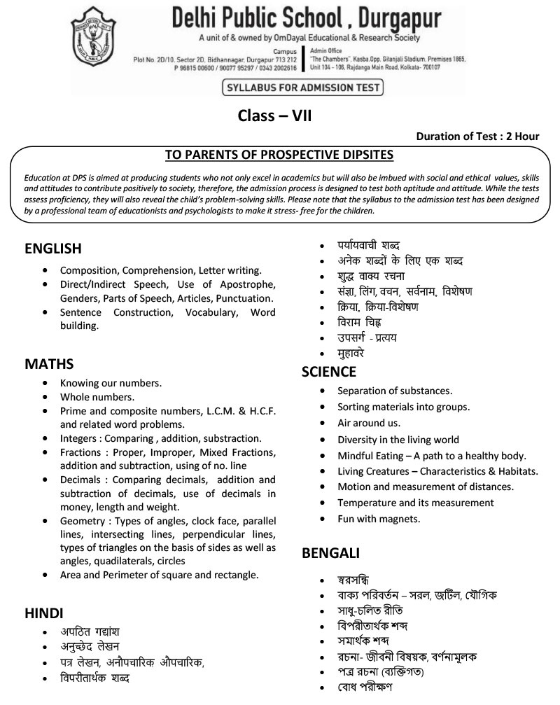 Syllabus for Admission Test, Class VII, 2025-26