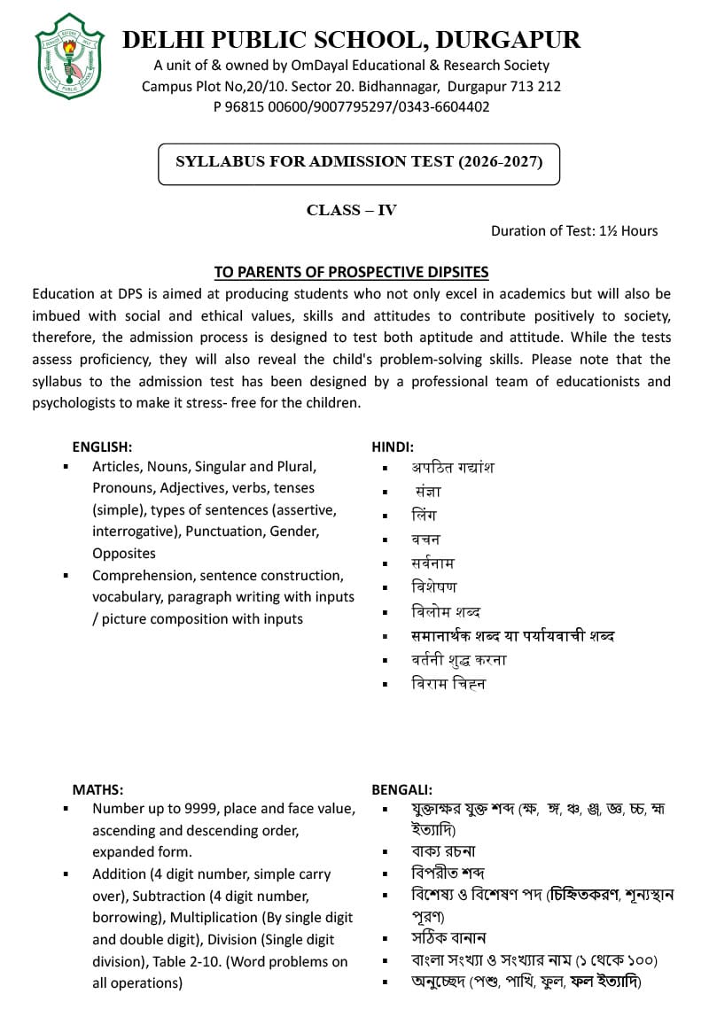 Syllabus for Admission Test, Class IV, 2026-27