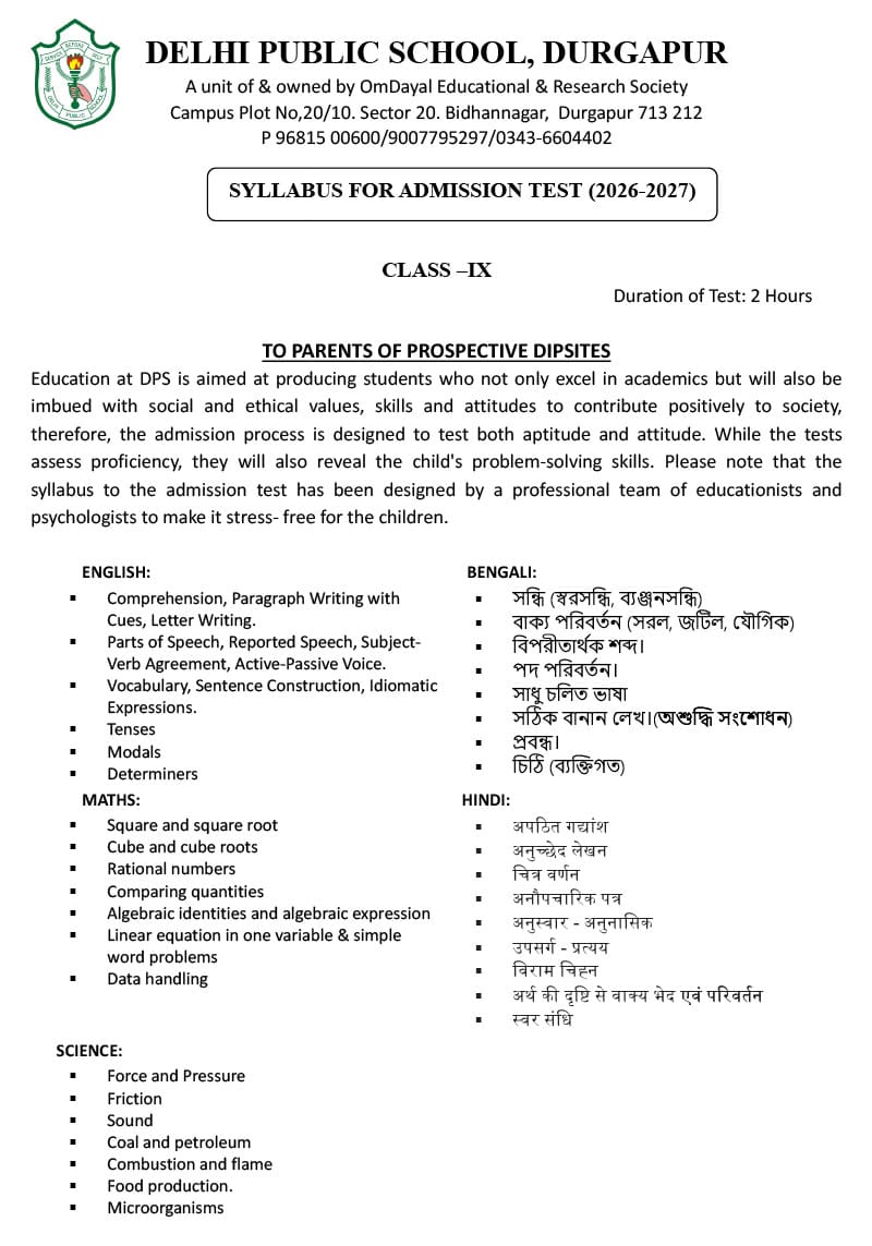 Syllabus for Admission Test, Class IX, 2026-27
