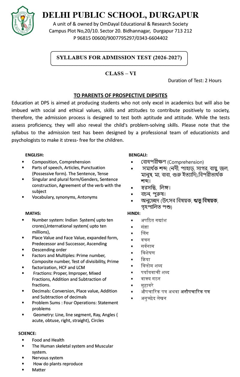 Syllabus for Admission Test, Class VI, 2026-27