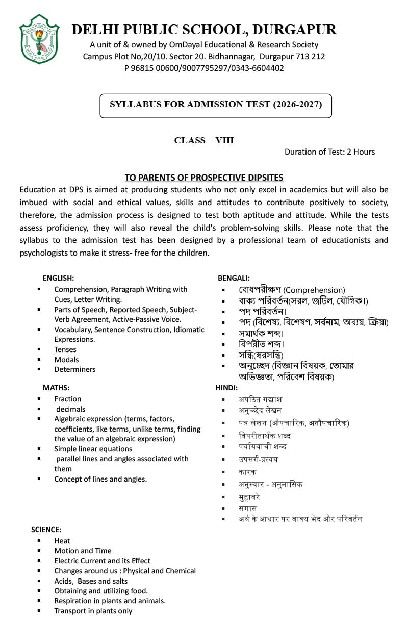 Syllabus for Admission Test, Class VIII, 2026-27