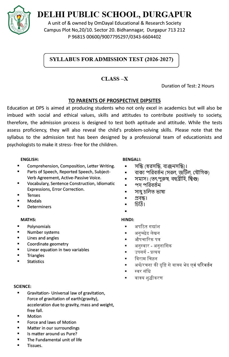 Syllabus for Admission Test, Class X, 2026-27